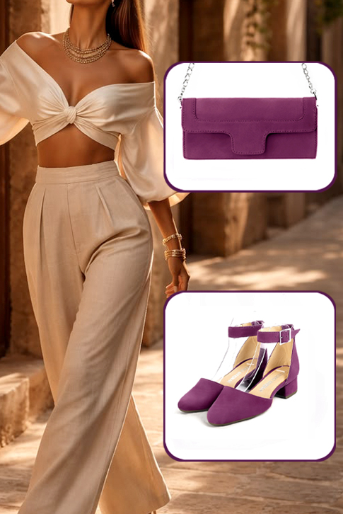 Dress heels closed-back ankle strap in mulberry purple leather with low block heels and round toe - Worn view